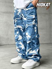 Hidkat Men's Autumn Camouflage Cargo Pants With Contrast Color, Multiple Pockets, Elastic Waist, Drawstring Adjustable Hem, Streetwear Sports Outdoor - Blue - View 2