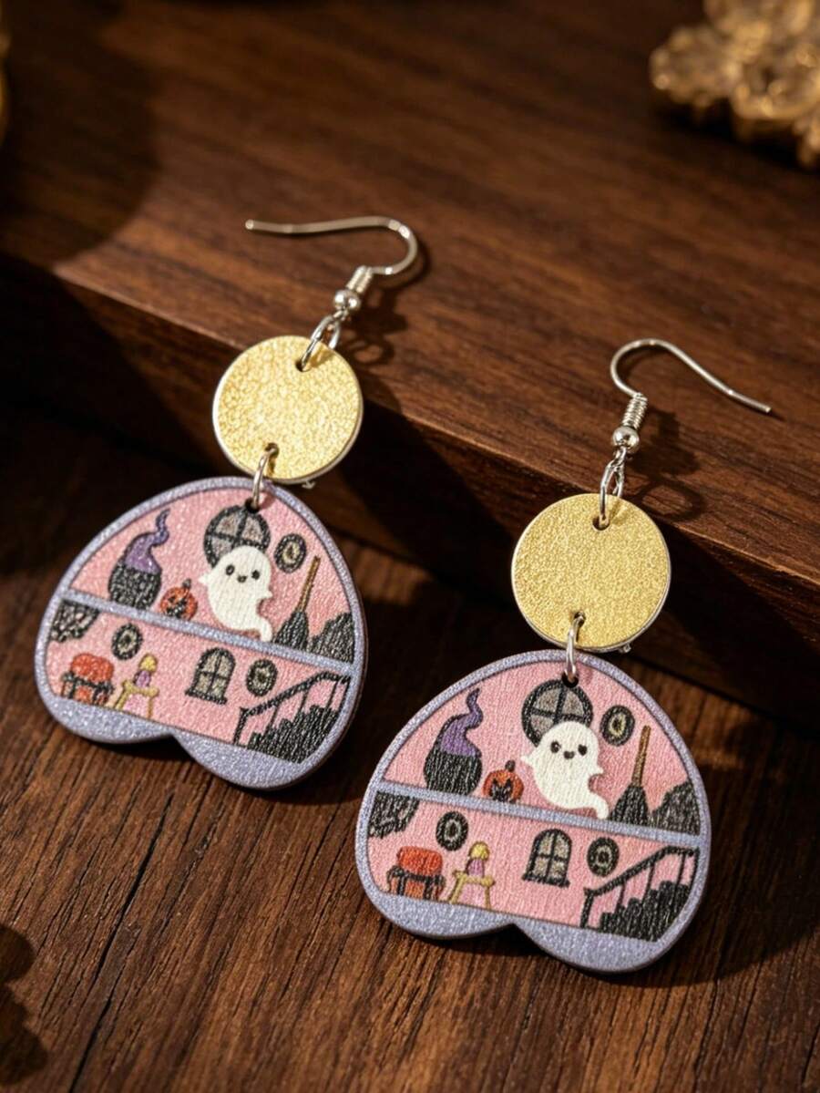 1 Pair Cute Ghost Haunted House Wooden Earrings, Gold Round Disc Patchwork Gothic Style Halloween Dangle Earrings - Multicolor - View 1