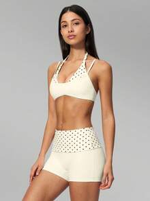 MFVIM Women's 2-Piece Yoga Set, Vintage 2 In 1 Camisole / Folded High Waist Slimming 3-Inch Shorts Anti-Exposure - Cream With Black Polka Dots - View 7
