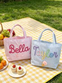 1pc Customized Name Striped Bubble Tote Bag, Personalized Summer Vacation Handbag, Pink & Blue Color Scheme Summer Beach Bag, Unique Gift For Girls, Mini Travel Handbag - Multicolor - View 2