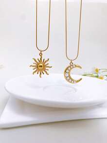 1pc Stainless Steel Waterproof Non-Fading Vintage Smiling Face Moon Sun Pendant Necklace Choker Chain Suitable For Women's Daily Wear - Large Gold - View 6
