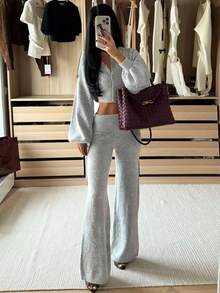 Grey Knit 2 Pieces Set, Cropped Button-Up Cardigan + Wide Leg Pants Slouchy Outfit Fall - Grey - View 5