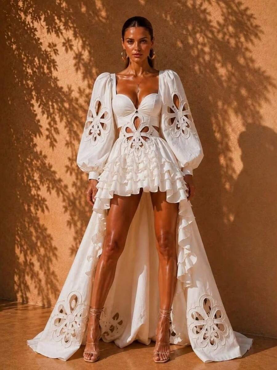 Women Elegant White Cutout Lantern Sleeve High Low Ruffle Maxi Dress Sexy Open Back Homecoming Prom Back To School Evening Party Heavy Formal Gowns - White - View 1