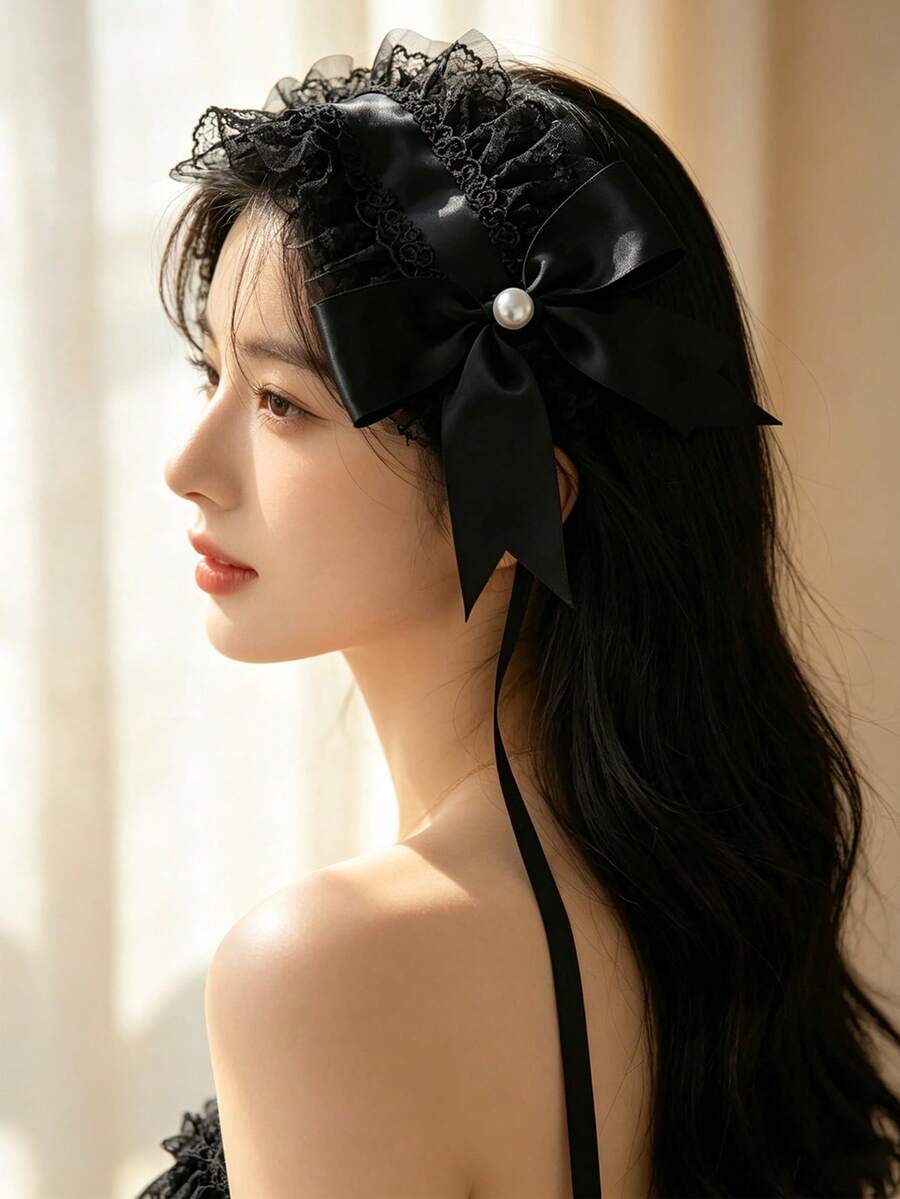 1件白色蕾絲髮箍,附粉色蝴蝶結與緞帶,蘿莉塔風格時尚 Cosplay 女用髮飾 - 黑色 - 查看 1