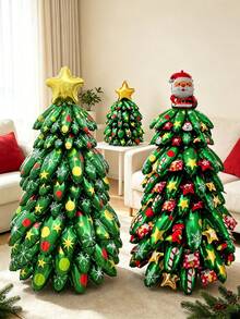 6/9pcs Assembled Christmas Tree Aluminum Foil Balloon Set, Star Christmas Tree, Santa Claus Christmas Tree Balloons, Christmas Decoration Balloons, Holiday Photo Props - Assembly Christmas Tree - View 1