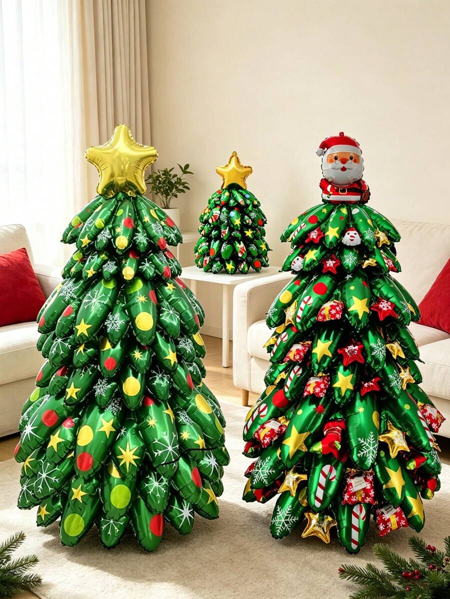 6/9pcs Assembled Christmas Tree Aluminum Foil Balloon Set, Star Christmas Tree, Santa Claus Christmas Tree Balloons, Christmas Decoration Balloons, Holiday Photo Props - Assembly Christmas Tree - View 1
