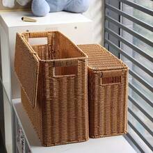 Nordic Style Artificial Rattan Narrow Tall Storage Basket, Handwoven Rectangular Multi-Function Storage Basket With Lid, Suitable For Magazines, Books, Documents, Can Be Used As Bookshelf Basket, Wall/Sofa/Side Gap Corner Storage Box, For Living Room - Multicolor - View 3
