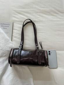 Vintage Faux Leather Cylinder Underarm Bag With Adjustable Shoulder Strap, Niche American Style Commuter Shoulder Bag - Coffee - View 8
