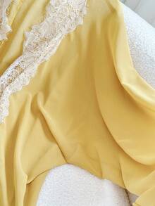 FGGG Women's Spring/Summer Light Yellow Deep V-Neck Lace Patchwork Lantern Sleeve Romantic Casual Commute Vacation Date Chiffon Cover Up - Yellow - View 8