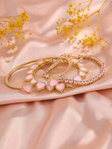rakol 3pcs Cute Sweet Cool Style Pink Heart Zirconia Stackable Bracelet Set, Suitable For Gifting To Best Friends And Wearing At Social Parties - Style 1 - View 4