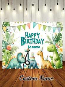 生日派對用品，1件可客製化可愛卡通恐龍生日派對背景布，可印上您的名字。熱帶叢林風格，適用於生日派對、嬰兒洗禮和人像攝影道具。乙烯基材質。 - 彩色 - 查看 2