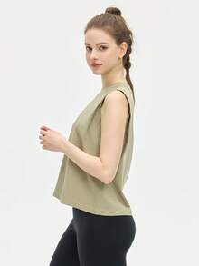 Leorrey 1 buah Atasan Tank Top Olahraga Wanita Model Pendek Leher Bulat Tanpa Lengan dengan Detail Kerut di Bagian Bawah, Longgar, Lembut, dan Nyaman - Hijau - View 3