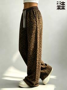 mulinsen Soft Silky Draping Leopard Print Wide Leg Pants, Elastic Waist Drawstring Loose Casual Straight Leg Long Pants, Suitable For Daily Streetwear - Khaki - View 2