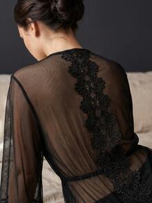 Women Black Sheer Mesh Kimono Robe Floral Lace V Back Flare Sleeve Tie Waist Maxi Loungewear - Black - View 2