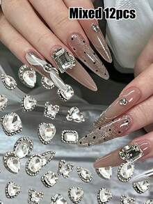 12 pièces Mélange de cadres argentés de luxe avec diamants transparents, strass pour nail art, ovale/carré gras/cœur/papillon, décoration de cristal pour ongles, gemme pour ongles DIY 10mm - Transparent - Voir 9