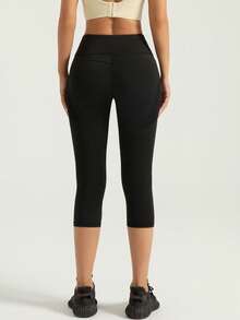 NcmRyu 1 buah Celana Olahraga Wanita Model Crop dengan Saku Samping Warna Kontras, Pinggang Tinggi, dan Efek Mengangkat Bokong - Hitam - View 7