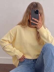 Women's Round Neck Loose Knit Sweater, Zipper Decor Long Sleeve Pullover - Yellow - View 3