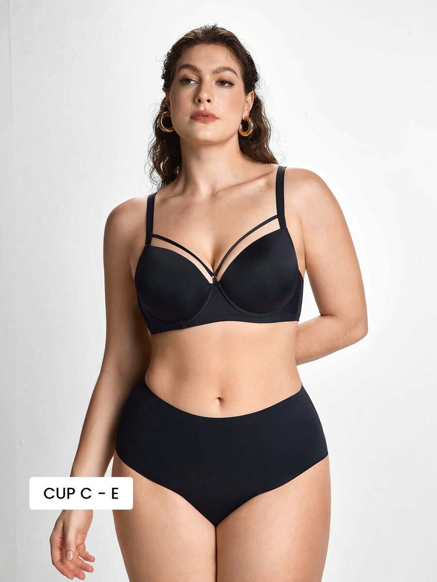 Slumbrini Sujetador sólido con diseño hueco y sujetador inalámbrico para mujer de talla grande, con efecto de elevación - Negro - Ver 1