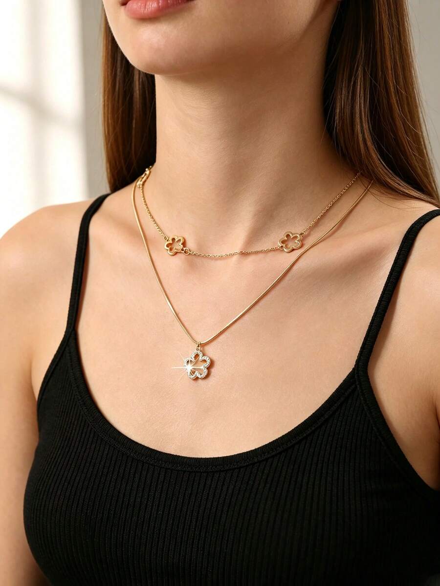 1pc Elegant Hollow Clover & 5-Petal Flower Necklace, Women's Multi-Layer Necklace, Perfect For Daily Wear And Gifting, Bridal Fashion Necklace - Multicolor - View 1