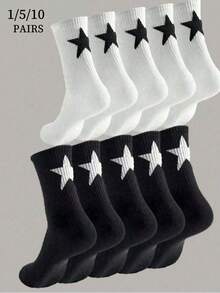 1/5/10 Pairs Personalized Street Style Black & White Five-Point Star Casual Minimalist Fashion Versatile - Multicolor - View 1