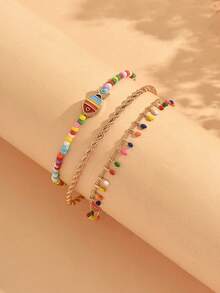 3pcs/Set Vacation Style Colorful Rice Bead Small Fish Beaded Water Drop Tassel Anklet Set, Popular Versatile Women's Foot Jewelry Suitable For Daily Wear And Vacation, Beaded And Tassel Color Arrangement Is Random - Multicolor - View 3