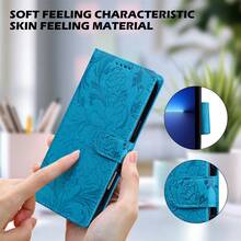 Funda de cartera con estampado floral de piel sintética (PU), diseño de borde plegable con ranuras para tarjetas y correa, protección integral para varios modelos de teléfonos inteligentes, versión internacional, no la versión nacional - Azul - Ver 4