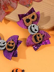2pcs Halloween Purple Glitter Hair Bow Clips-Cartoon Pumpkin Decor Bows Hair Accessories For Halloween Parties,Costume Nights - Multicolor - View 6
