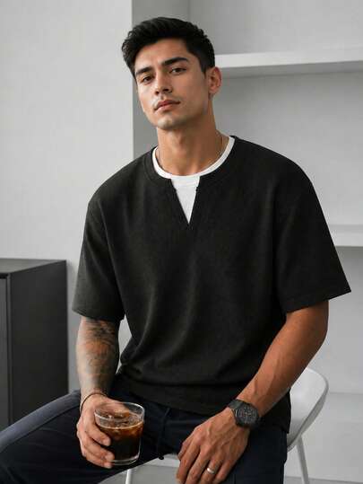Blueprint Man 1 buah Kaos Pria Hitam Tekstur Waffle Model Berlapis, Kain Rajut Tahan Kerut, Bernapas, Nyaman, Anti-Pilling, Dapat Dicuci dengan Mesin atau Dicuci Kering, Atasan Kasual Gaya Anak Kota Dewasa untuk Perjalanan Sehari-hari, Streetwear, dan Pelapisan