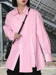 Solid Color Front Button Shirt, Casual Long Sleeve Blouse For Women, Suitable For Daily Wear, Spring, Summer, Autumn - Baby Pink - View 2