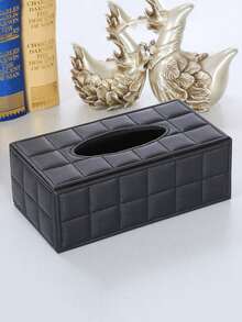 1pc Black Plaid Rectangular PU Leather Tissue Box, Tabletop Coffee Table Tissue Holder - Plus Size Black - View 5