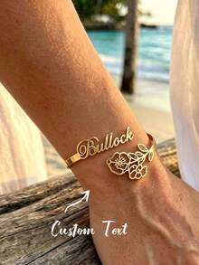 Brazalete de flor con nombre personalizado para cumpleaños para mujeres, color dorado, acero inoxidable, brazalete con letra, joyería personalizada, regalo de cumpleaños - Multicolor - Ver 2