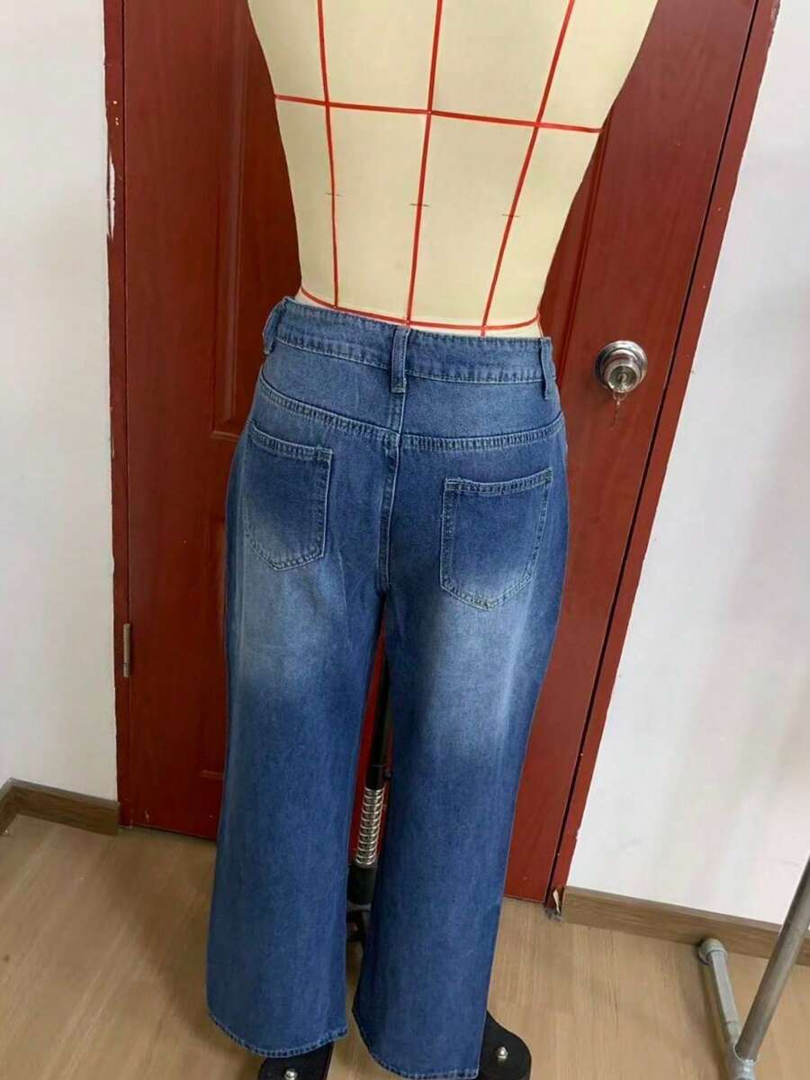 Cross-Border Women's Women's Insert Pocket Loose Casual Basic Straight Jeans - Dark Wash - View 1