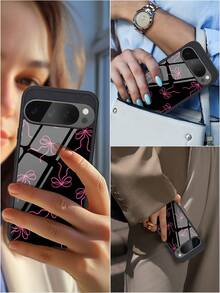 1pc Glossy Tempered Glass Phone Case, Bow Design, Compatible With Google 10, 9, 8, 7 And Galaxy S26, S25, S24, S23, S22, A07, A56, A16 And A06, Protective Bow Design, Durable Shell, Minimalist Style, Suitable For Summer, High-Quality Daily Gift, Perfect For Friends, Classmates, Lovers Or Personal Use - Black - View 5