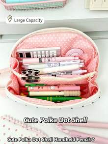 1/2pcs Cute Large Capacity Polka Dot Shell Pattern Student Pencil Case - Cream White, Suitable For Classroom, Travel, Multi-Compartment Organizer Bag, Polka Dot Pattern, For Stationery.Back To School. - Multicolor - View 7