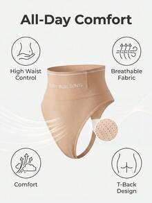 FLARIXA Women's High Waist Tummy Control Thong Panties, Seamless Elastic Shaping, Wide Waistband, Suitable For Daily Wear - Apricot - View 2