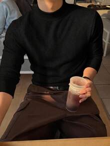 New Men's Casual Classic Ribbed Texture Mock Neck Versatile Long Sleeve T-Shirt - Black - View 5
