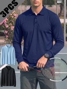 3pcs Men's Polo Shirts, Versatile Loose Fit Long Sleeve POLO Shirts, Casual Sports Long Sleeve Shirts - Multicolor - View 7
