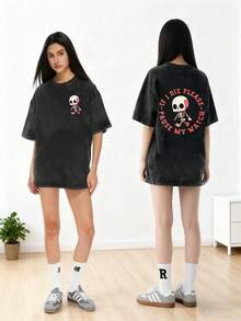 Who Eat Club Skeleton Pump Cover T-Shirts Washed Vintage Men Women Funny Casual Oversized T-ShirtsDamska codzienna koszulka z krótkim rękawem - Miękka, oddychająca koszulka bawełniana - Codzienny basic - Czarne - Zobacz 3