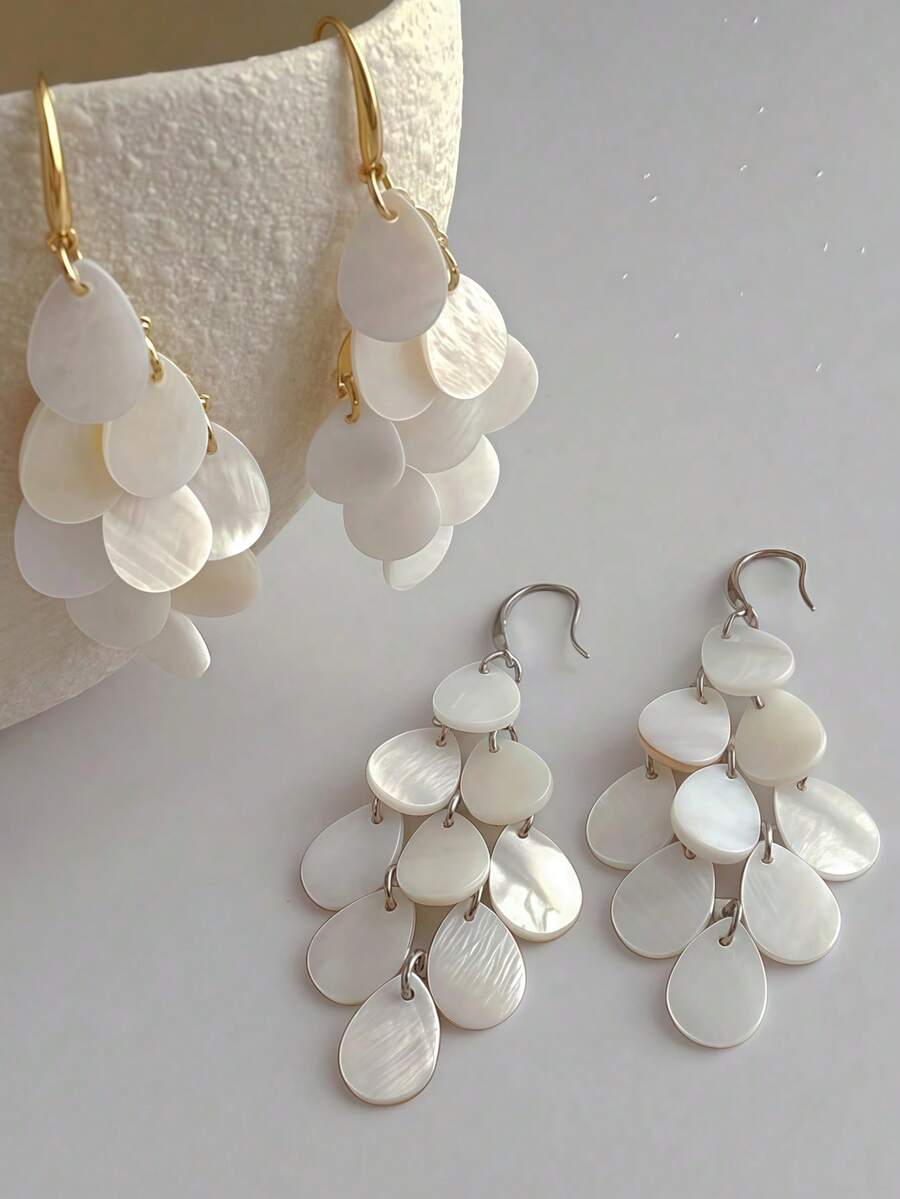 1 Pair Fashion Water Drop Shell Tassel Earrings, High-End Beach Vacation Accessories - Gold - View 1