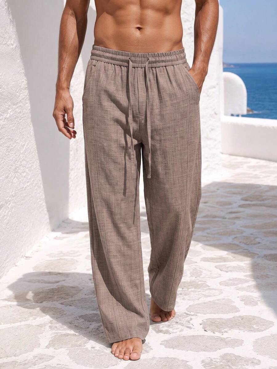 1pc Brown Faux Linen Textured Men's Long Pants, Men's Textured Wide Leg Long Pants, Men's Pants, Lightweight Breathable Fabric Loose Casual Fit, Vacation Style, Summer Beach Men's Casual Pants, Machine Washable, Suitable For Daily, Vacation, Beach And Multiple Occasions - Coffee Brown - View 1