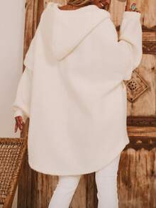 Women's White Hooded Long Sleeve Woven Jacket, Thigh Length, Ideal For Creating Comfortable Autumn/Winter Looks - White - View 2
