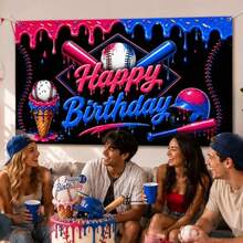Baseball Ice Cream Drip Birthday Banner Decorations Sports Theme Happy Birthday Backdrop, Baseball Party Hanging Banner Birthday Party Supplies Photo Booth Decor - Neon - View 4