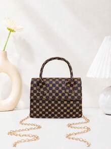 Mirror Glossy Patent Leather Fashion Chain Handbag - Brown - View 10