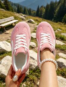 Zapatillas deportivas planas con cordones para mujer, nuevas y populares para primavera/otoño, ligeras y cómodas, zapatos deportivos casuales versátiles para campus, correr, estudiantes, viajes y caminatas - Rosa - Ver 4
