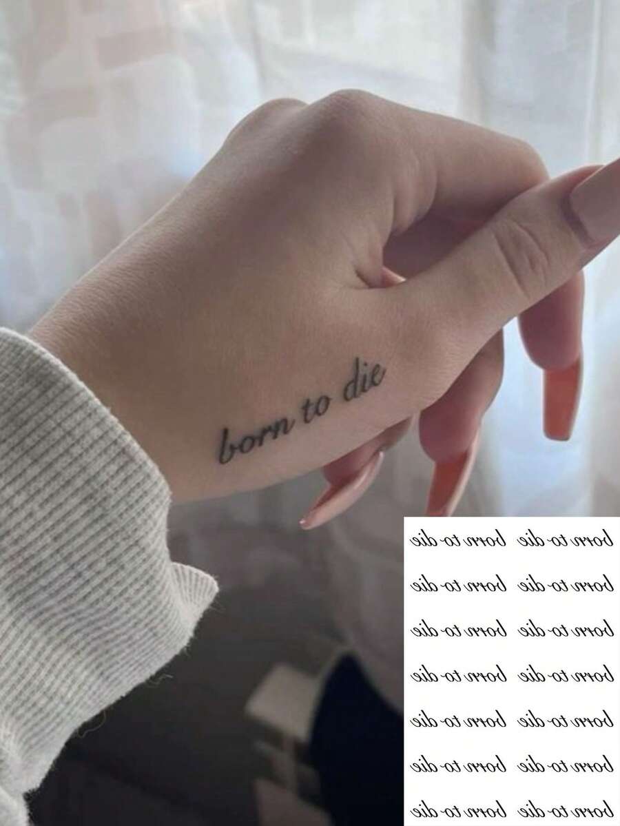 1張草寫體名言「Born To Die」手腕迷你臨時紋身貼紙,防水持久極簡文字假紋身,適用於指關節、鎖骨、腳踝、手掌、頸部的身體藝術貼紙 - 黑色 - 查看 1