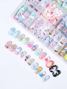 288pcs Y2K Style Little Girl Nail Stickers, Acrylic Material, Pre-Coated Gel, Full Coverage Press-On Nails, Shiny Cute Patterns Including Rainbow, Unicorn, Heart And Star Elements, Short Adhesive Nail Stickers, Perfect For Little Girls - Cute Unicorn Theme - Multicolor - View 5