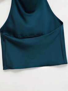 Spring/Summer Solid Color Satin Halter Neck Backless Top - Dark Green - View 8