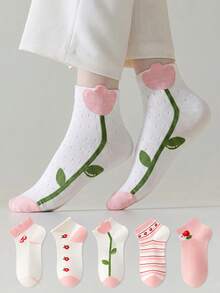 ZUJO 5 Pairs Women's Short Socks, Floral Cartoon Animal Pattern, Simple And Comfortable, Suitable For All Seasons - Multicolor - View 1