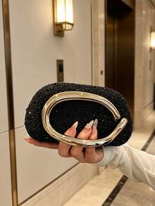Elegante e alla moda borsa a mano in finta pelle, borsa a spalla minimalista vintage di colore unito, adatta per abbinare con abiti per feste e matrimoni - nero - Visualizzare 7