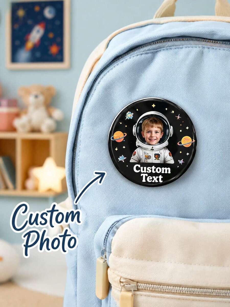 1pc Personalized Astronaut Photo Pin Badge With Custom Name, Round Space Theme Button Brooch For Kids, Backpack, Jacket, School Bag, Birthday Party, G - Multicolor - View 1